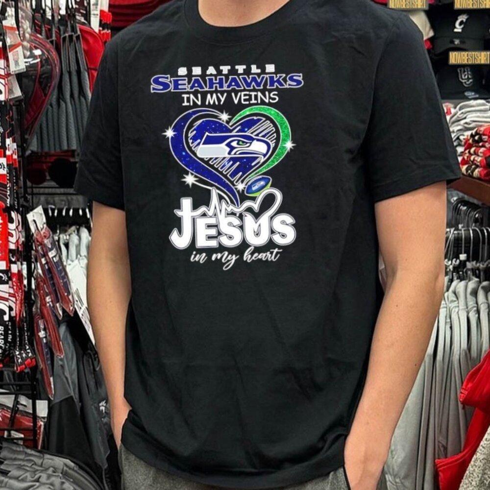 Seattle Seahawks In My Veins Jesus In My Heart Diamond Heart Shirt